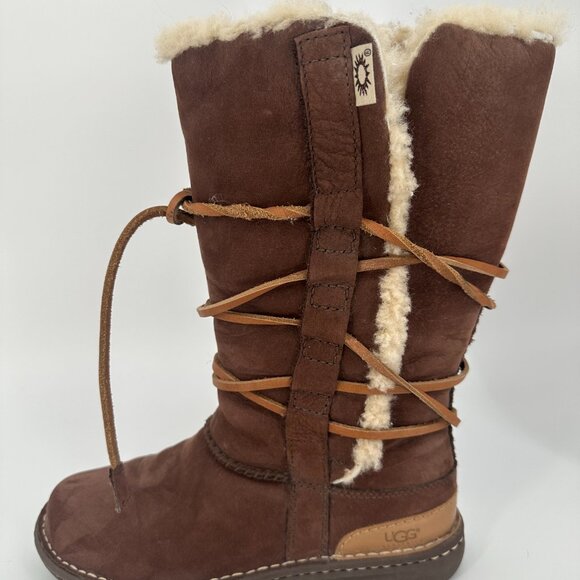 UGG Women’s Catalina Brown Leather Shearling Lace-Up Mid Calf Boots Size 8 - Picture 3 of 15
